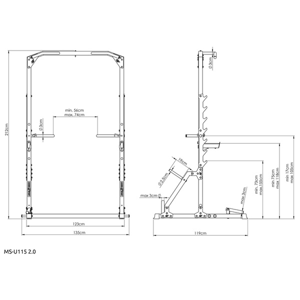 Klatka half-rack (drążek do pociągania ze stojakami i poręczami + uchwytem landmine) MS-U115 2.0 - Marbo Sport